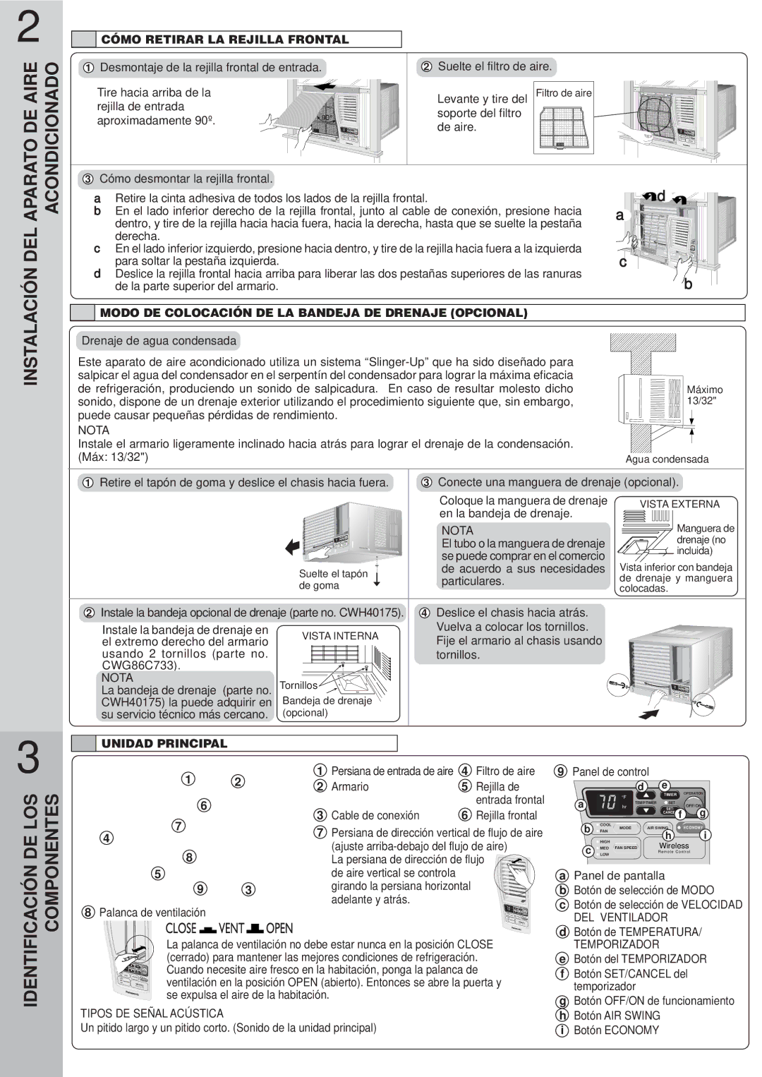 Panasonic CW-XC122VU manual DE Aire Acondicionado, Cómo Retirar LA Rejilla Frontal, Unidad Principal 