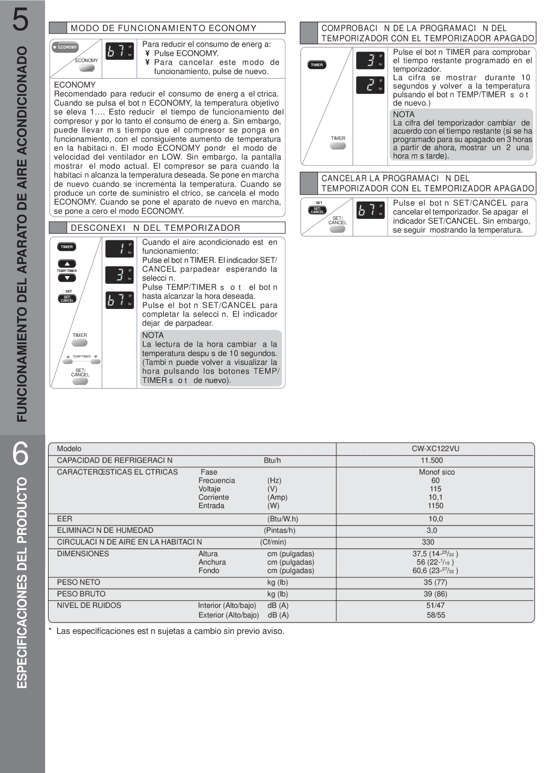 Panasonic CW-XC122VU manual DEL Aparato, Modo DE Funcionamiento Economy, Desconexión DEL Temporizador 