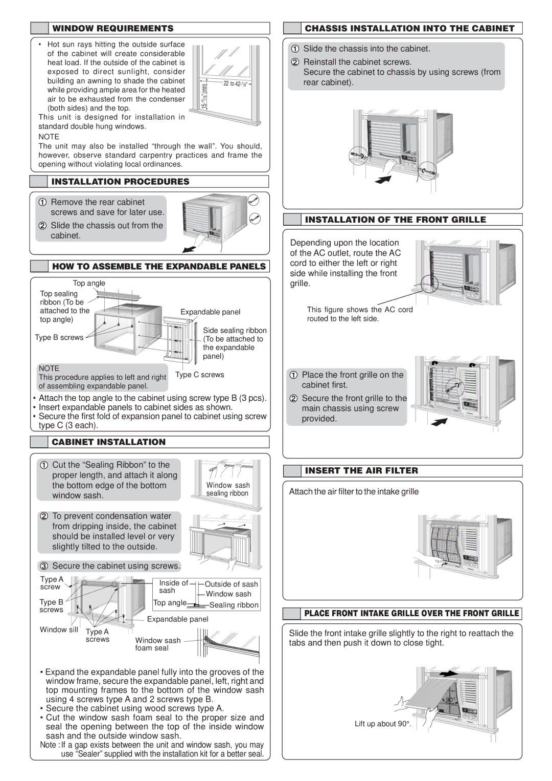 Panasonic CW-XC122VU manual Window Requirements Chassis Installation Into the Cabinet, Installation Procedures 