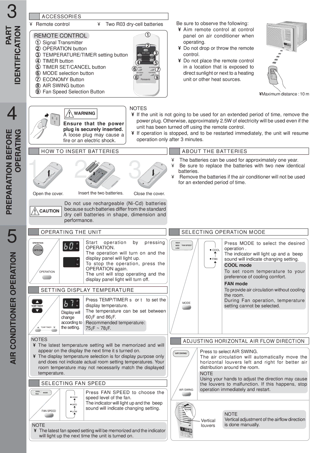 Panasonic CW-XC122VU manual Preparation Before Operating, Conditioner Operation 