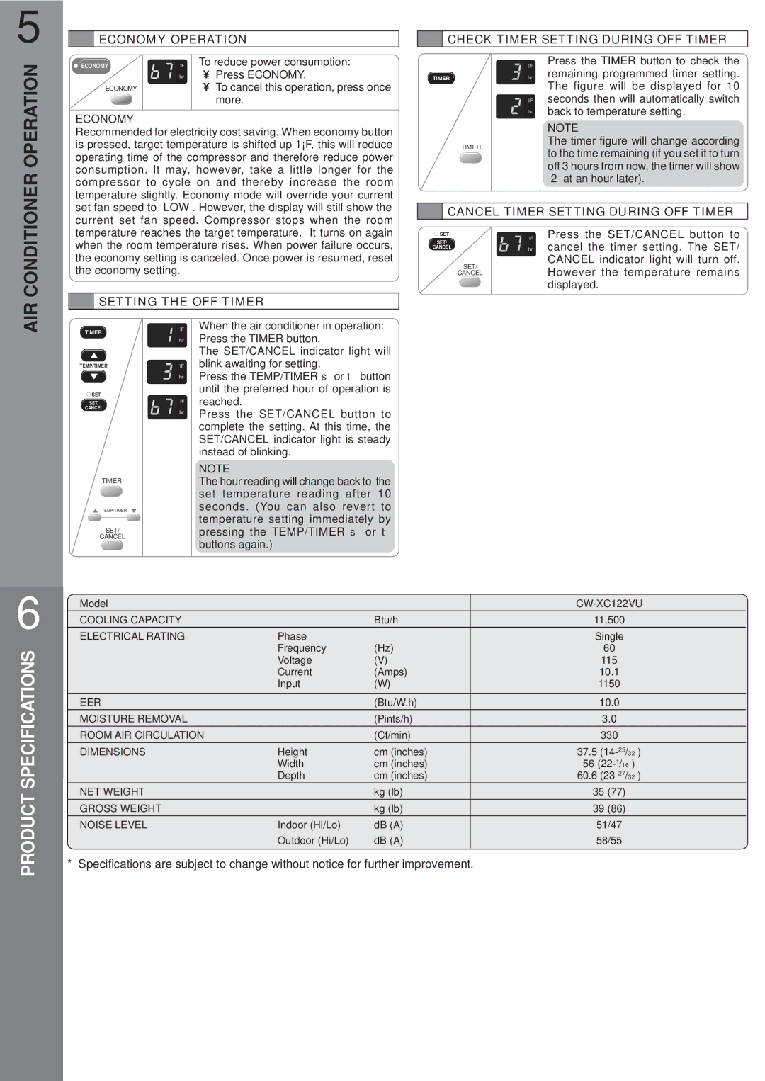 Panasonic CW-XC122VU manual Conditioner, Economy Operation Check Timer Setting During OFF Timer, Setting the OFF Timer 