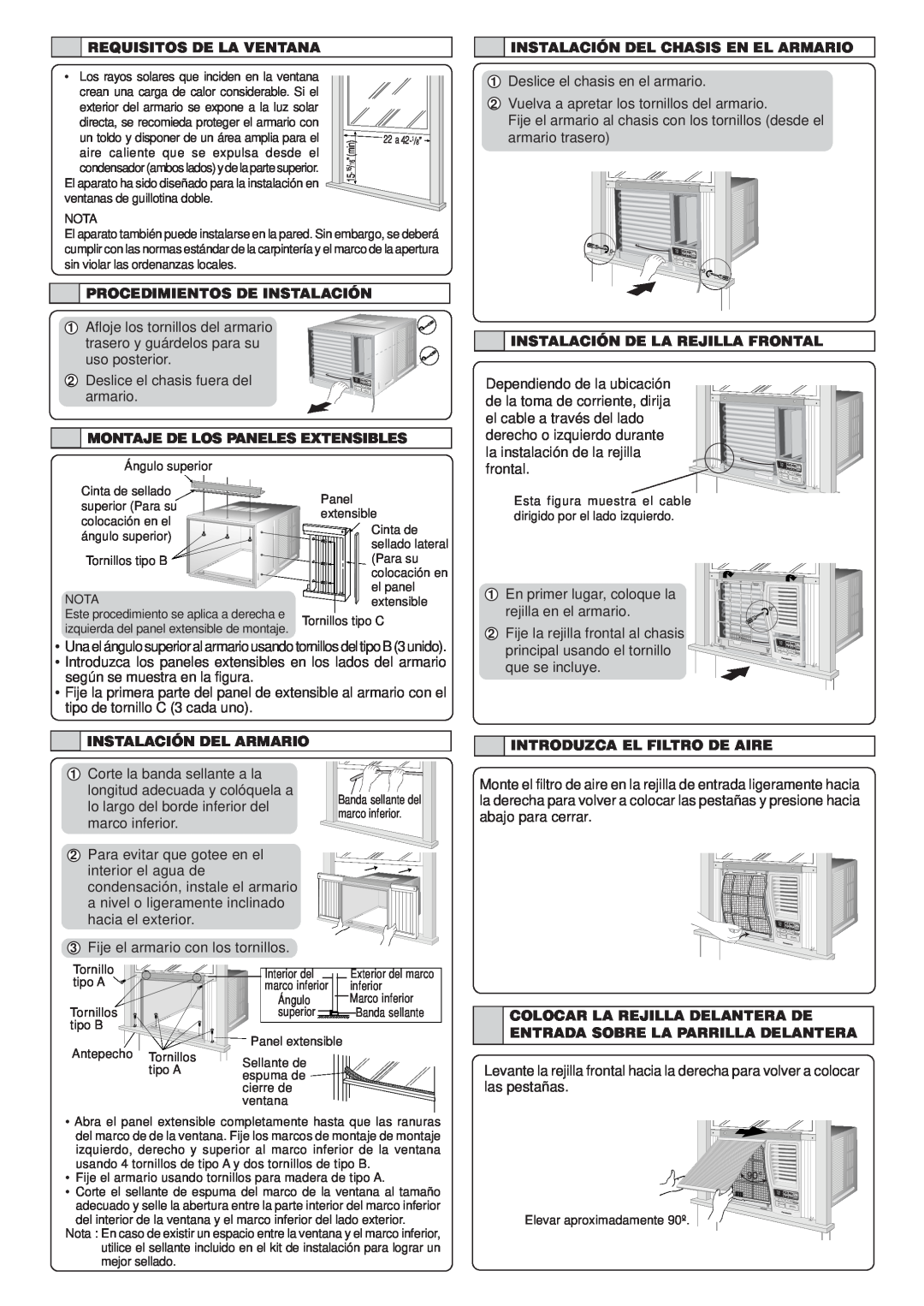 Panasonic CW-XC122VU manual Requisitos De La Ventana, Instalación Del Chasis En El Armario, Procedimientos De Instalación 