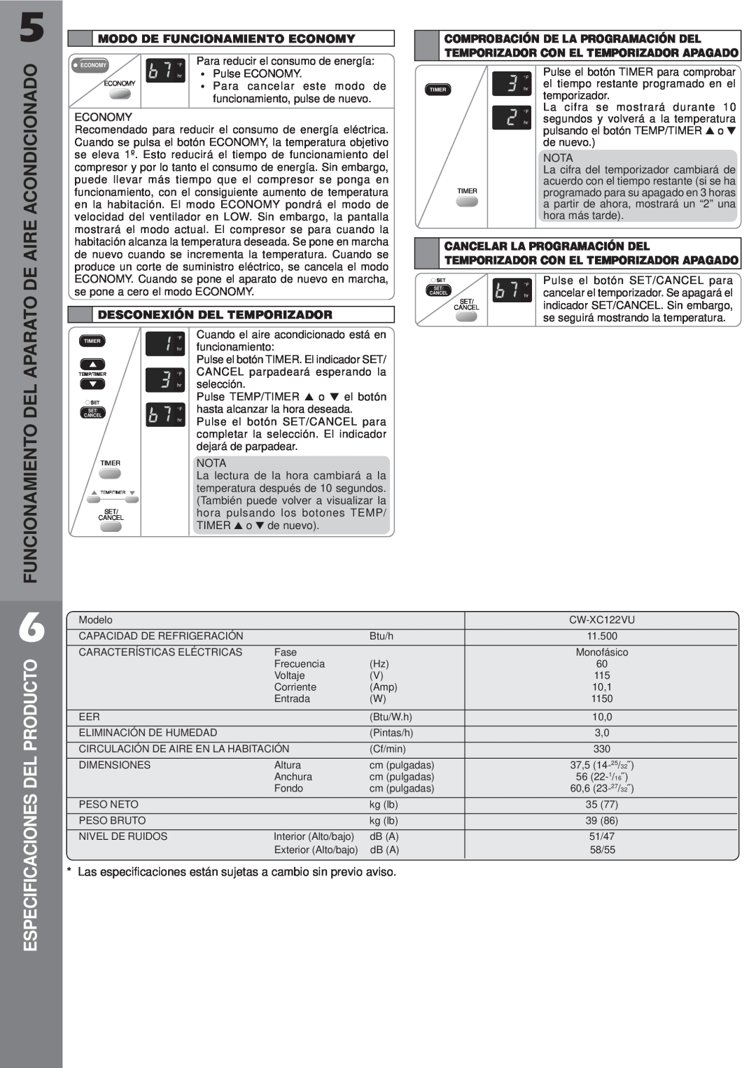 Panasonic CW-XC122VU manual Aire Acondicionado, Especificaciones Del Producto, Del Aparato, Funcionamiento 