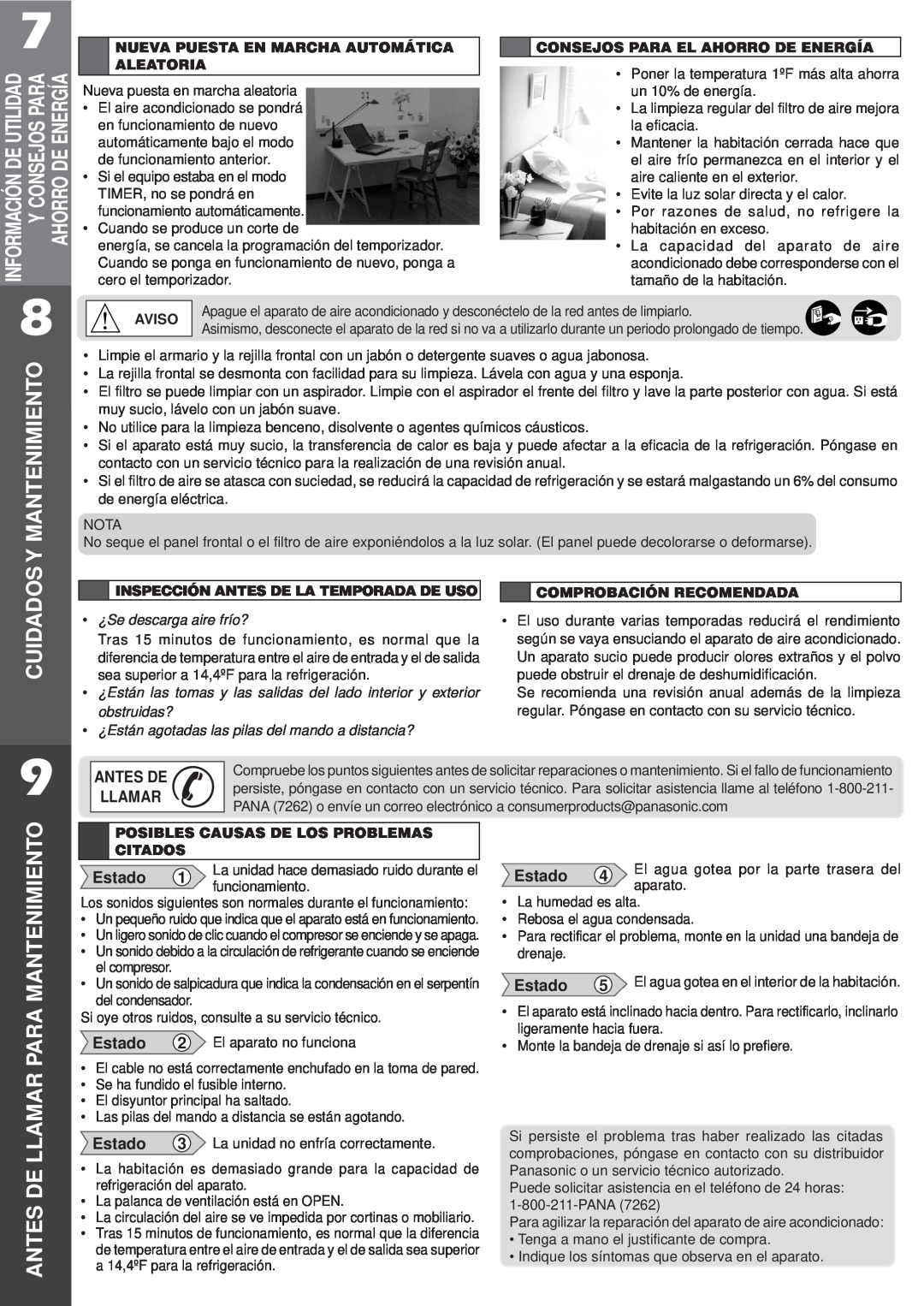 Panasonic CW-XC122VU manual Cuidados, Antes De Llamar Para Mantenimiento, Estado 