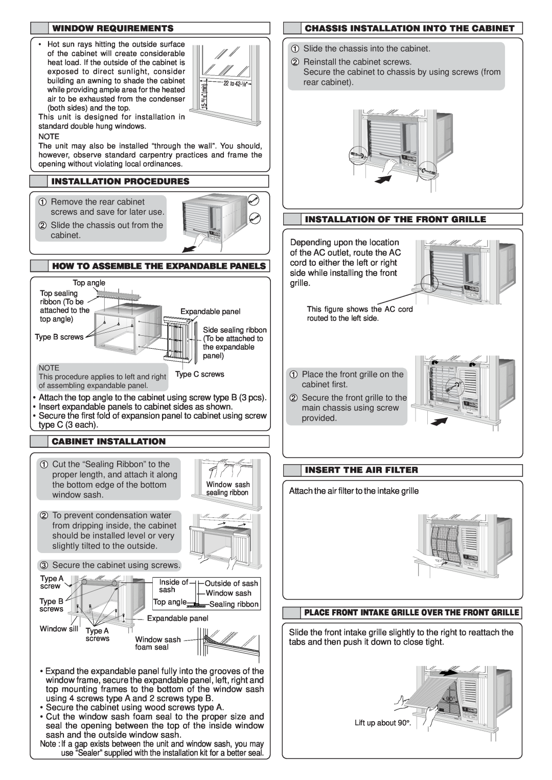Panasonic CW-XC122VU manual Window Requirements, Chassis Installation Into The Cabinet, Installation Procedures 