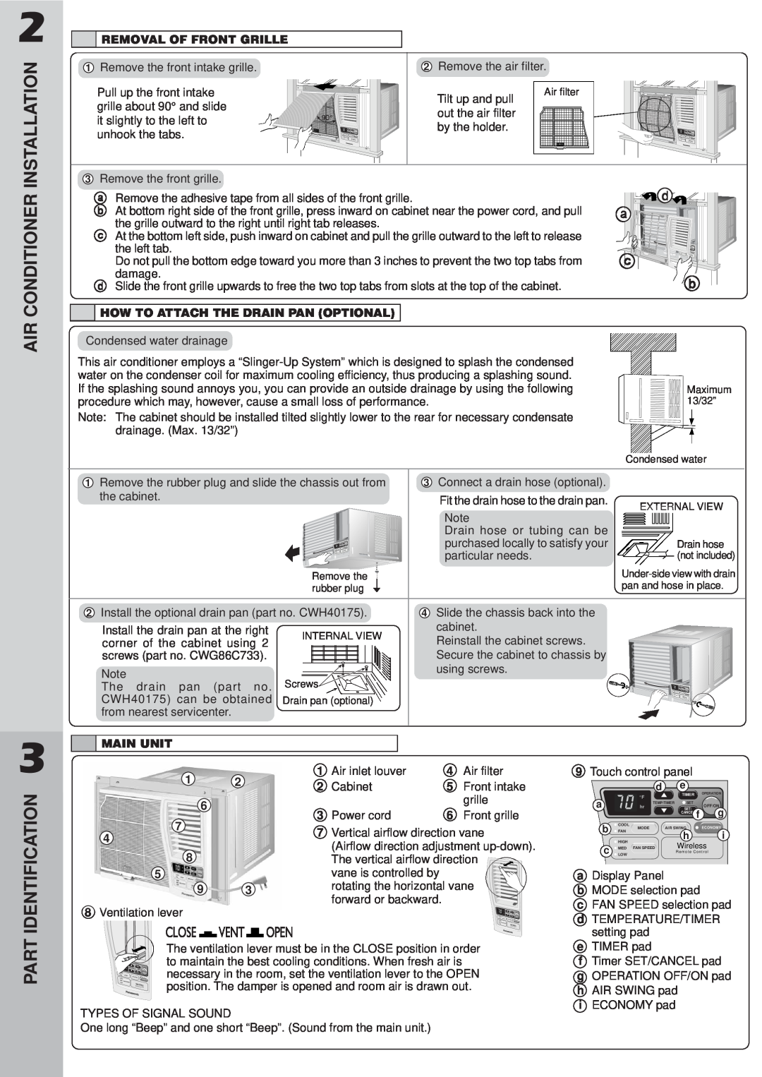 Panasonic CW-XC122VU manual Air Conditioner, Identification, Installation, Part 