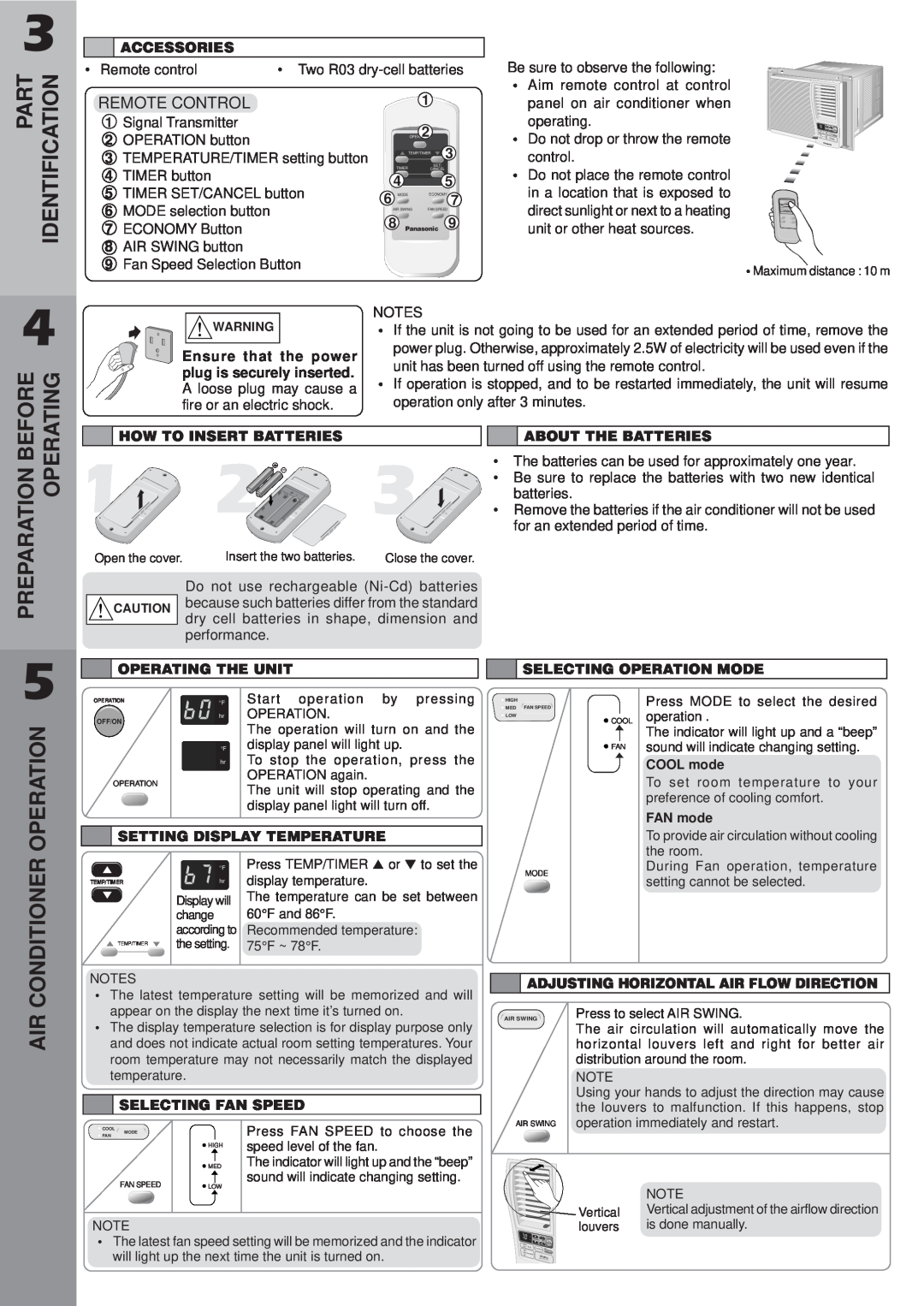 Panasonic CW-XC122VU manual Preparation Before, Operating, Conditioner Operation, Part Identification, Remote Control 