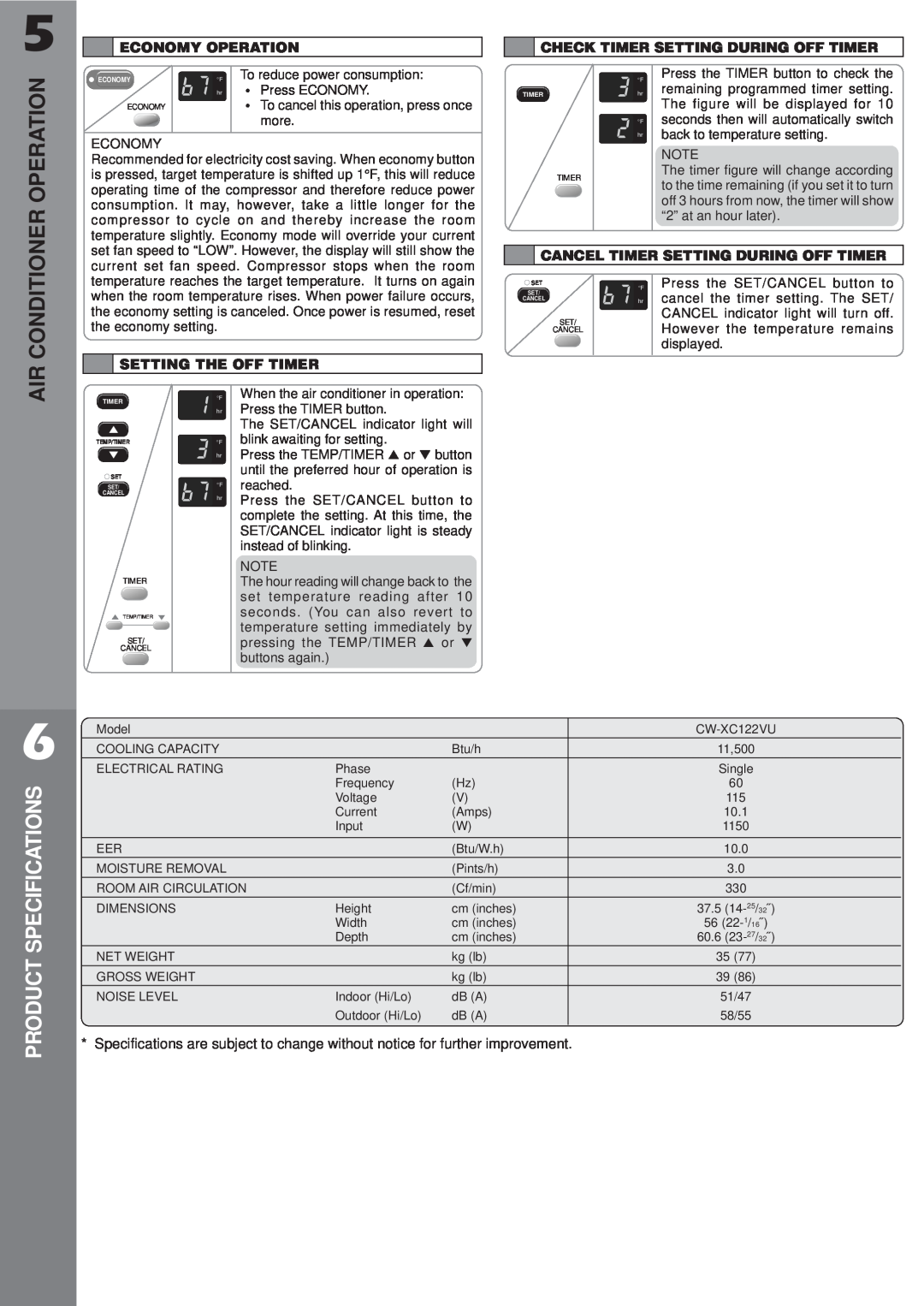 Panasonic CW-XC122VU manual Operation, Product Specifications, Conditioner 