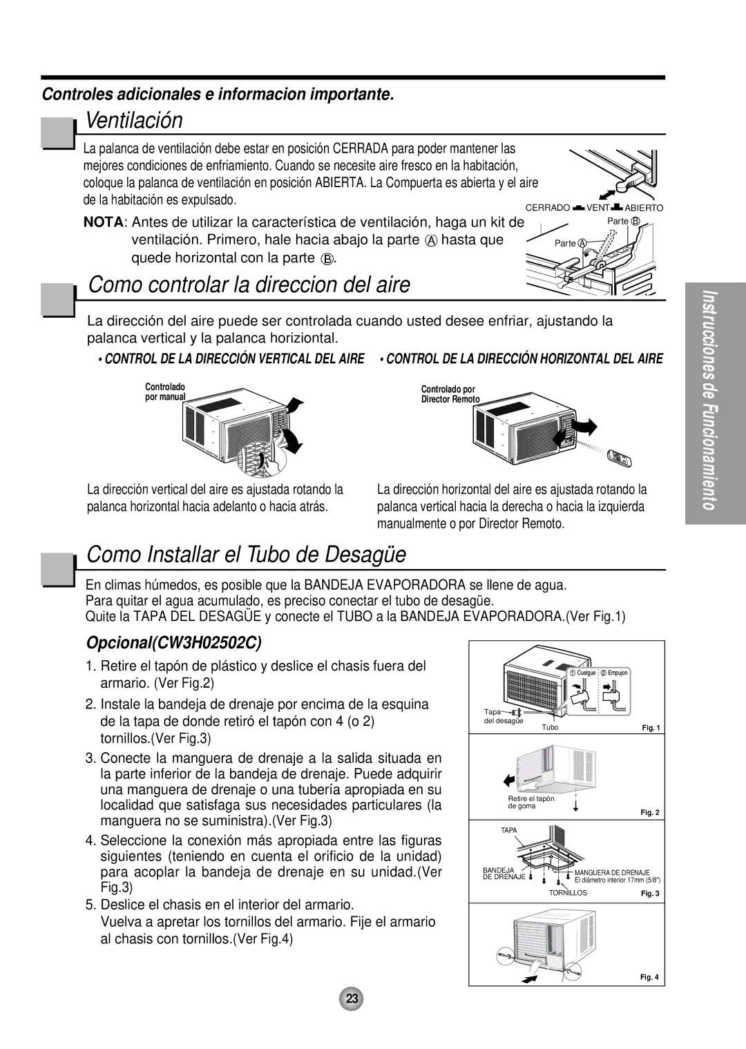 Panasonic CW-XC245HU, CW-XC145HU manual Ventilación, Como controlar la direccion del aire, Como Installar el Tubo de Desagüe 