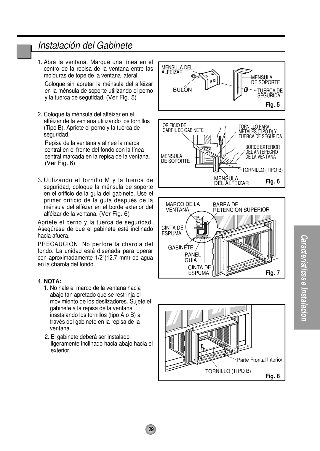 Panasonic CW-XC245HU, CW-XC145HU, CW-XC185HU manual Instalación del Gabinete, Nota 