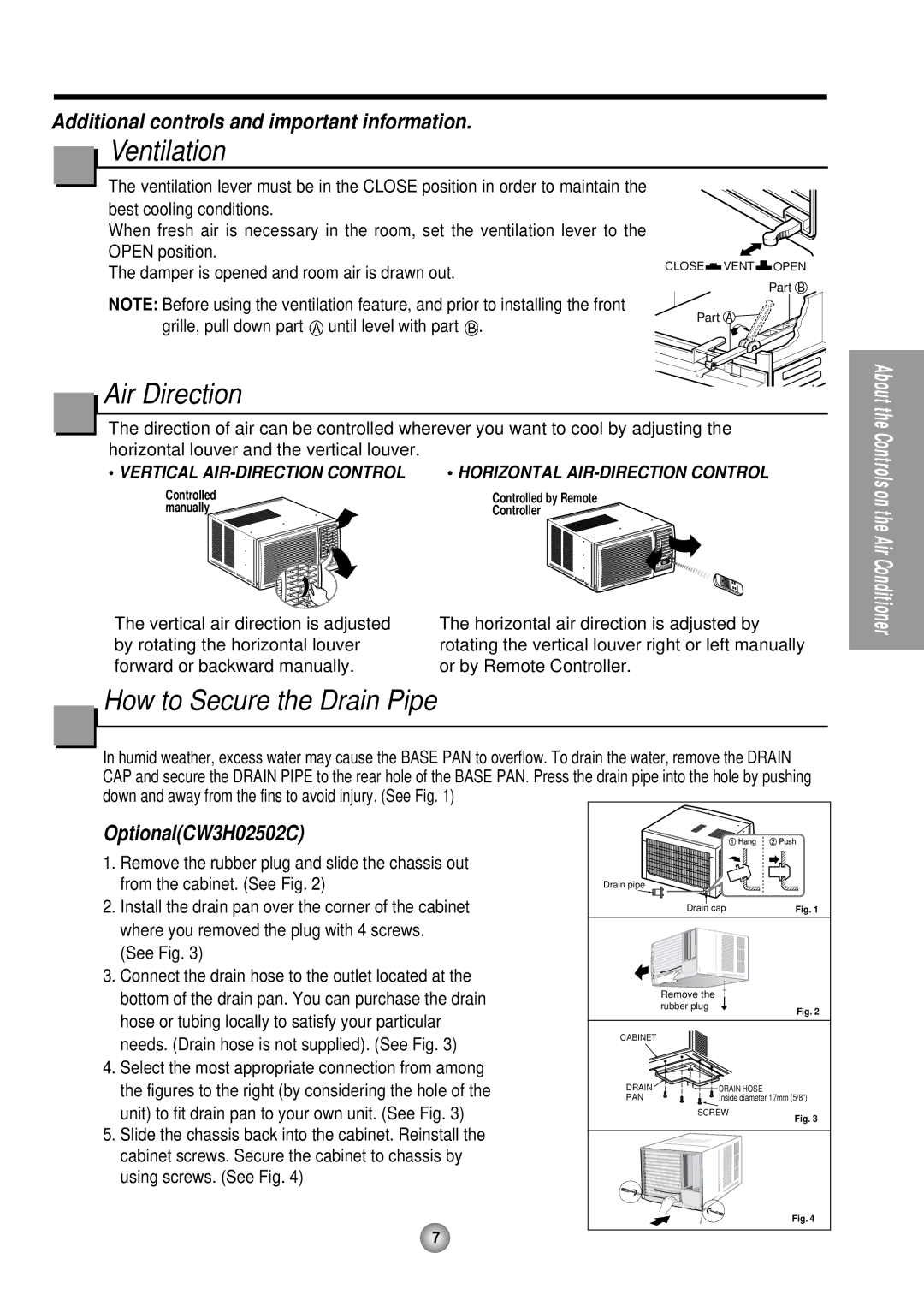 Panasonic CW-XC185HU, CW-XC145HU, CW-XC245HU manual Ventilation, Air Direction, How to Secure the Drain Pipe 