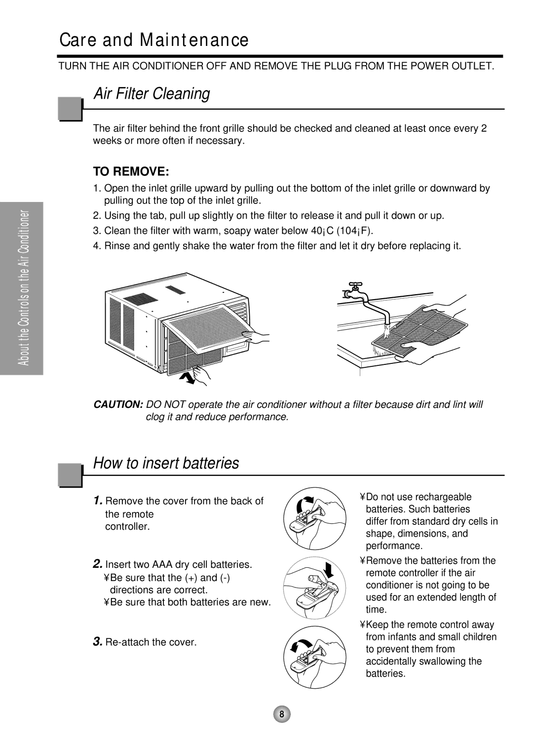 Panasonic CW-XC245HU, CW-XC145HU, CW-XC185HU manual Care and Maintenance, Air Filter Cleaning, How to insert batteries 