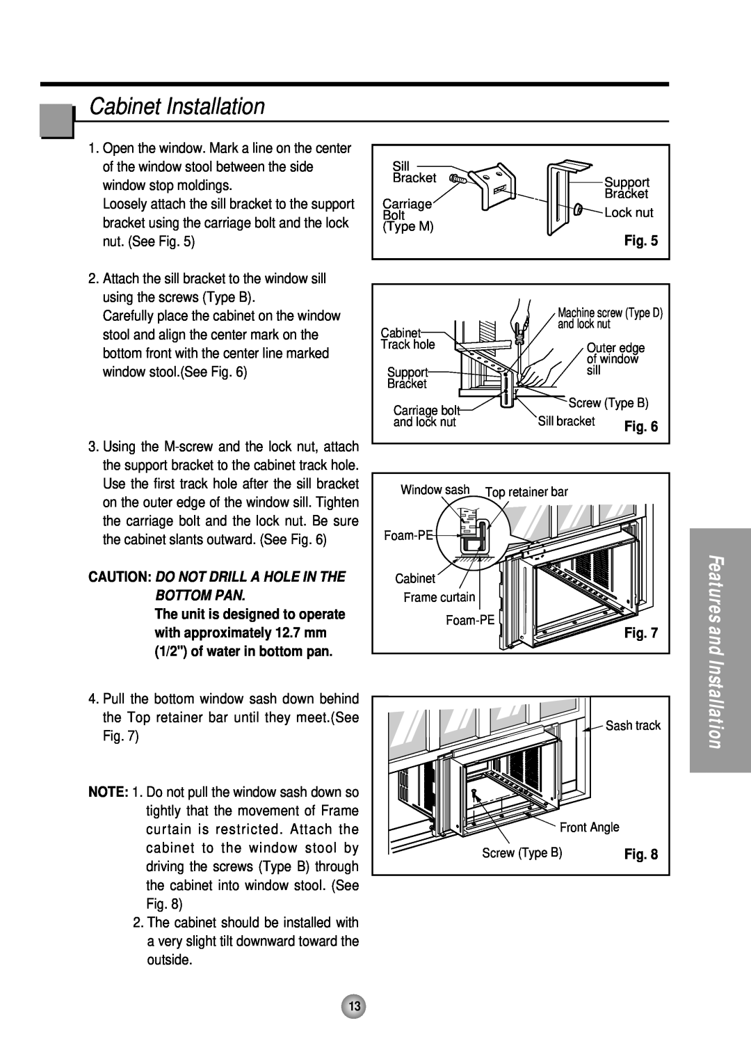 Panasonic CW-XC185HU, CW-XC145HU manual Cabinet Installation, Caution Do Not Drill A Hole In The Bottom Pan, Features and 