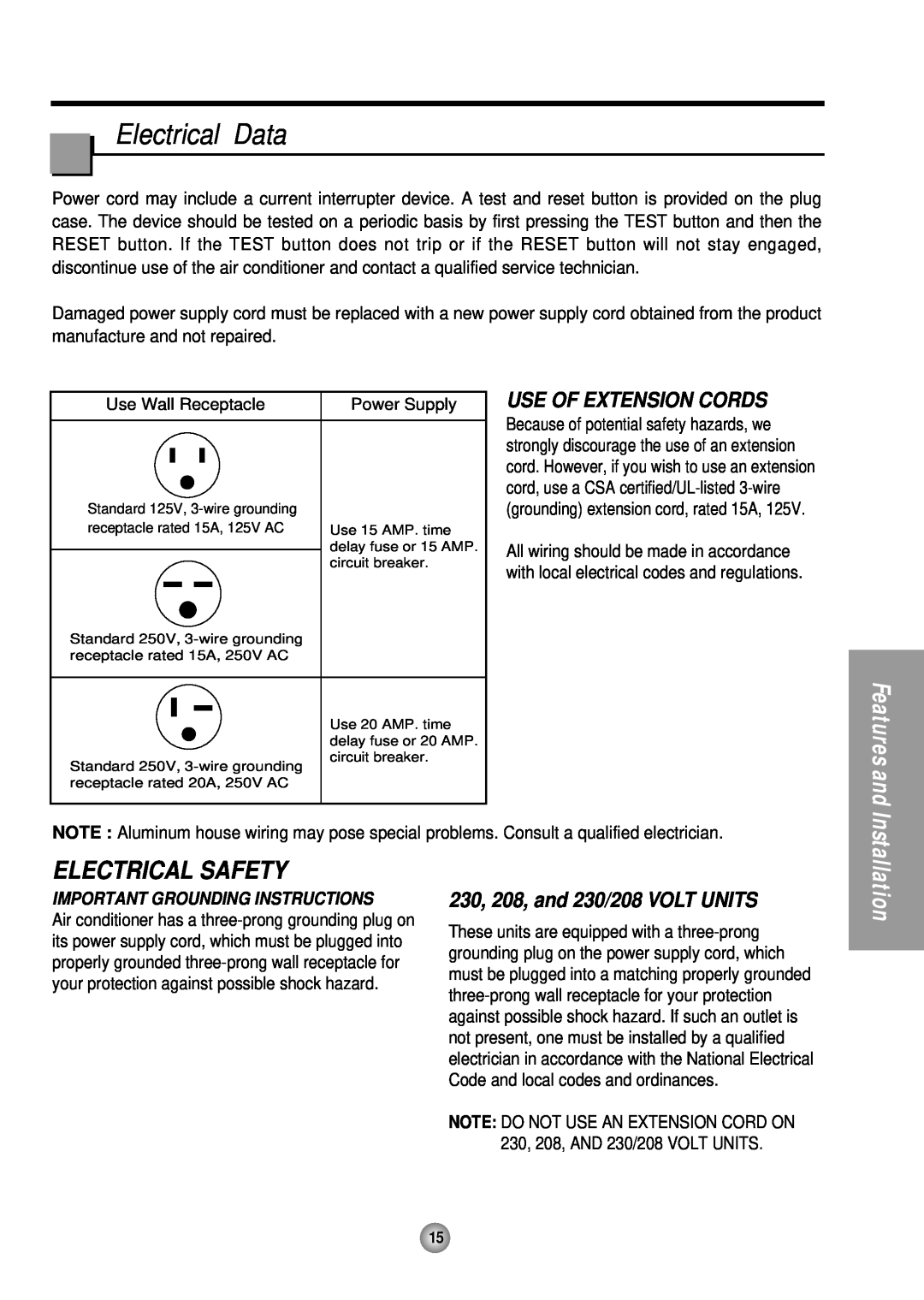 Panasonic CW-XC145HU manual Electrical Data, Use Of Extension Cords, 230, 208, and 230/208 VOLT UNITS, Electrical Safety 