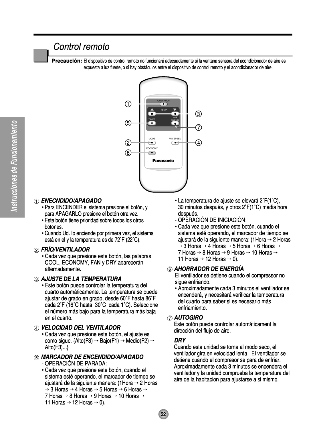 Panasonic CW-XC185HU Control remoto, Enecndido/Apagado, Frío/Ventilador, Ajuste De La Temperatura, Ahorrador De Energía 