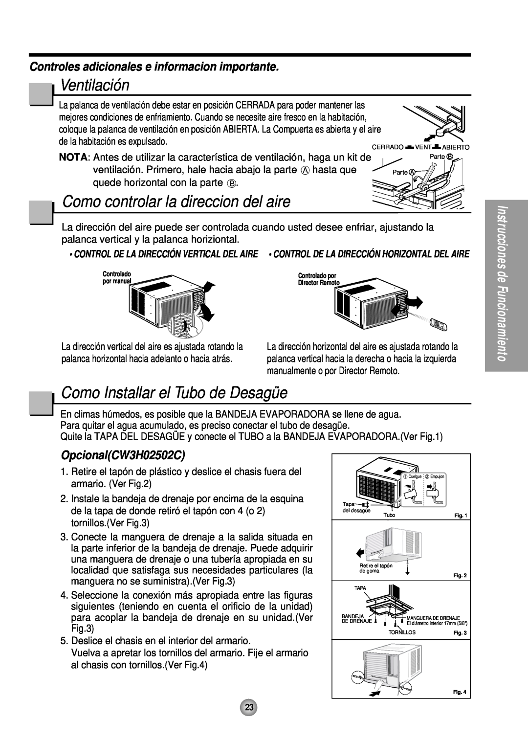 Panasonic CW-XC245HU, CW-XC145HU manual Ventilación, Como controlar la direccion del aire, Como Installar el Tubo de Desagüe 