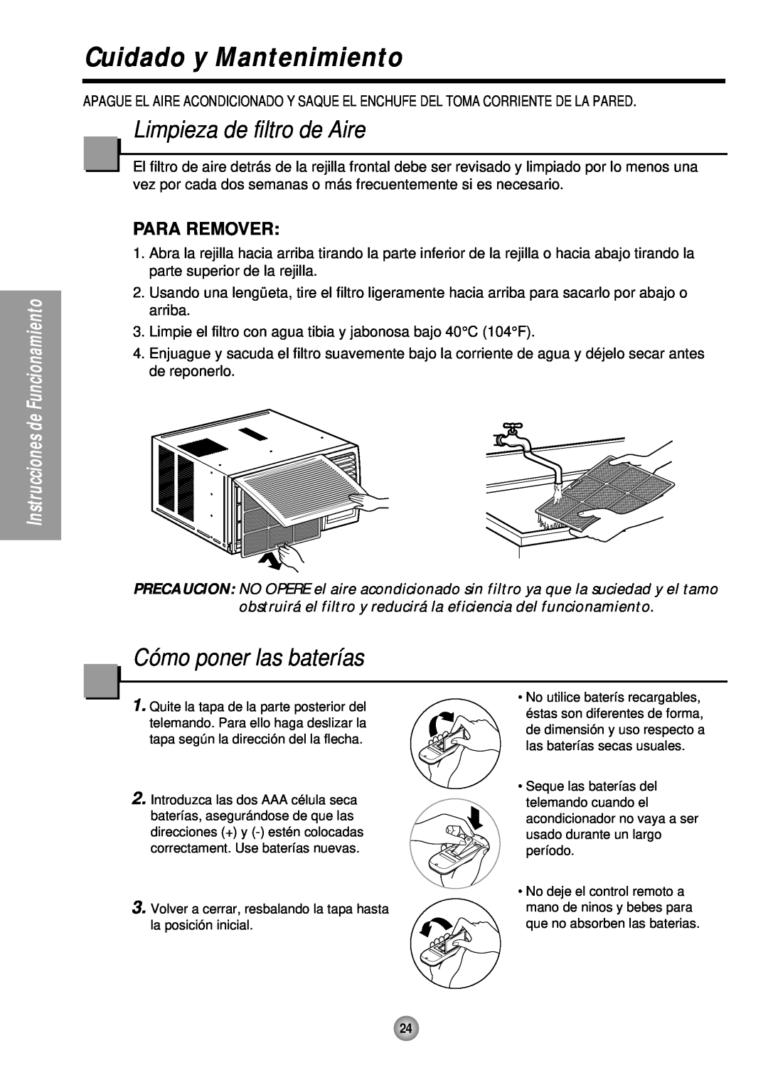 Panasonic CW-XC145HU manual Cuidado y Mantenimiento, Limpieza de filtro de Aire, Cómo poner las baterías, Para Remover 
