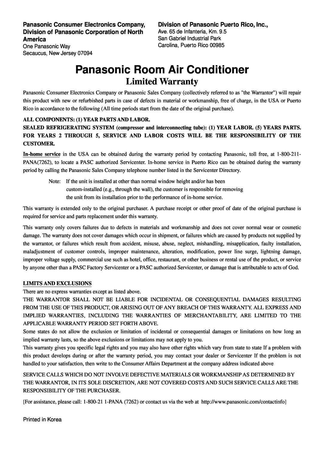 Panasonic CW-XC145HU manual Panasonic Consumer Electronics Company, Division of Panasonic Corporation of North, America 
