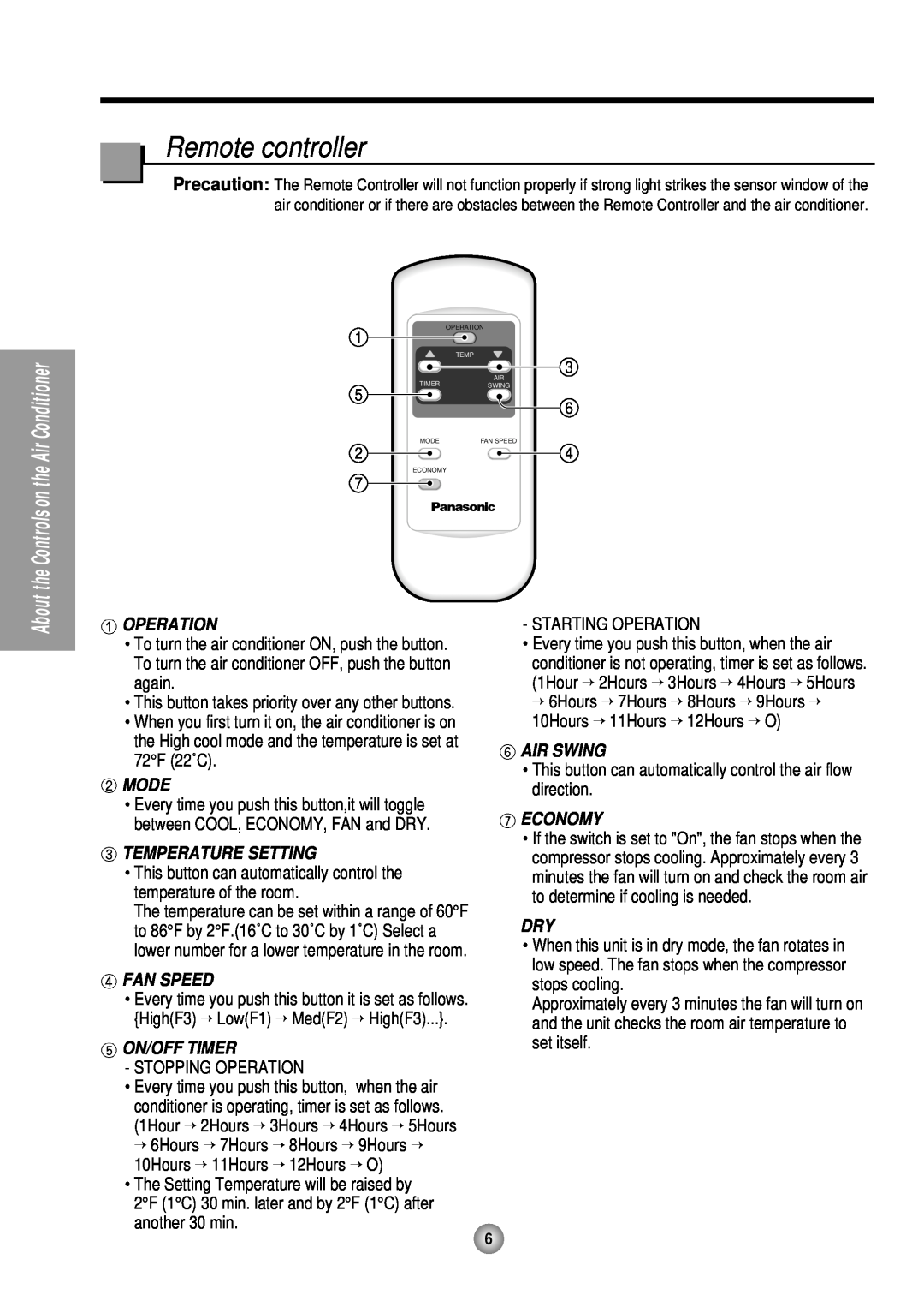 Panasonic CW-XC145HU Remote controller, Operation, Mode, Temperature Setting, Fan Speed, On/Off Timer, Air Swing, Economy 