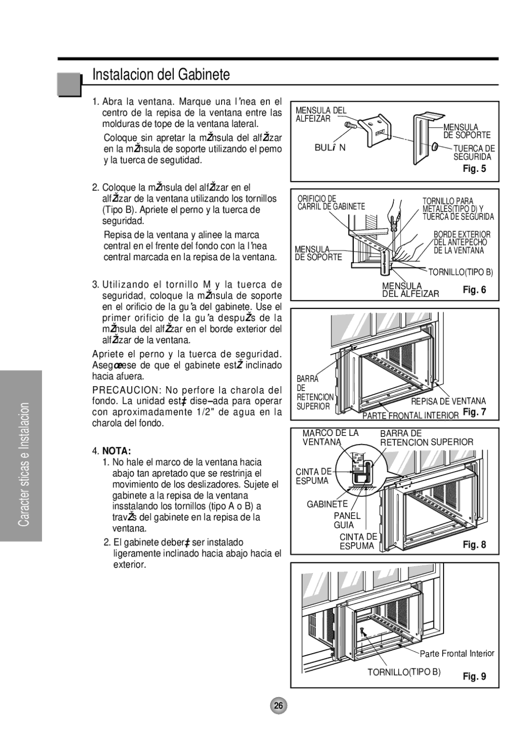 Panasonic CW-XC183HU, CW-XC243HU manual Instalacion del Gabinete, Orificio DE Carril DE Gabinete Mensula DE Soporte 