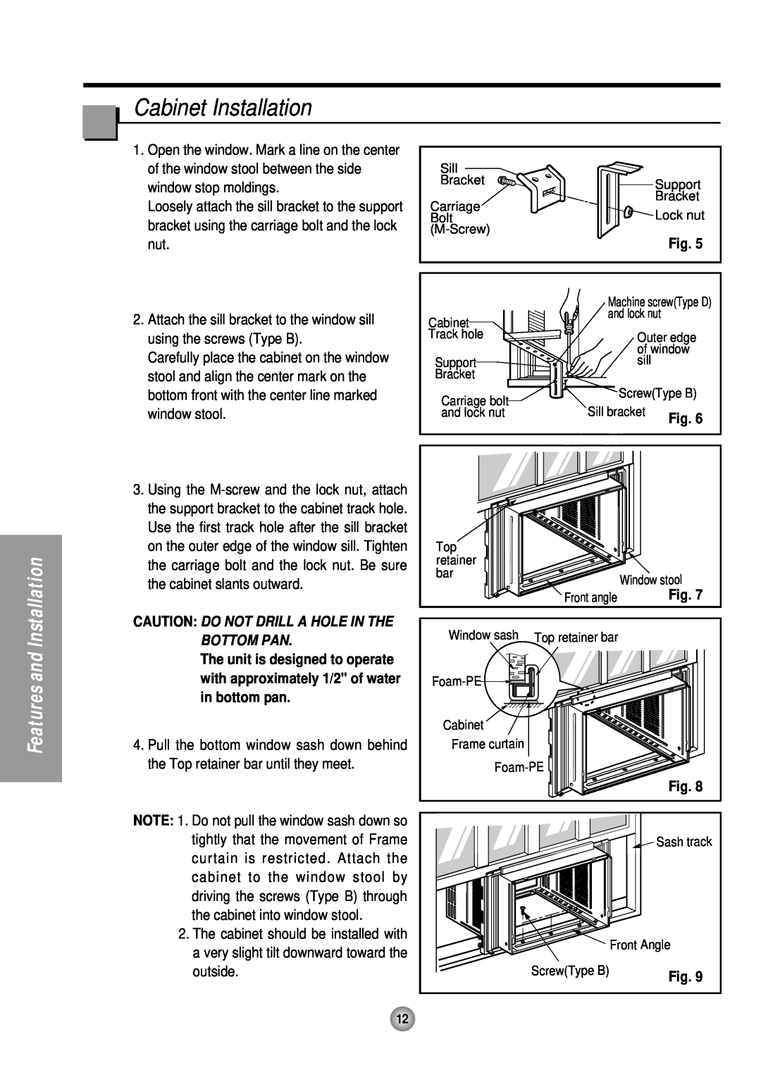 Panasonic CW-XC183HU manual Cabinet Installation, Caution Do Not Drill A Hole In The Bottom Pan, Features and Installation 