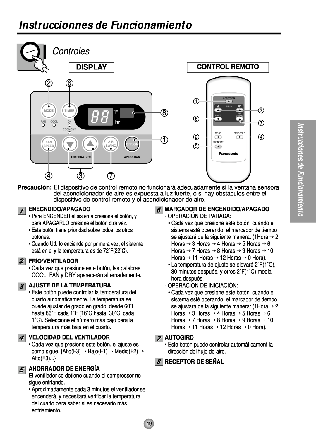 Panasonic CW-XC243HU Instruccionnes de Funcionamiento, Controles, Enecndido/Apagado, Frío/Ventilador, Ahorrador De Energía 
