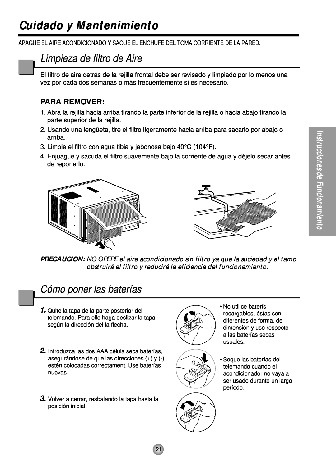 Panasonic CW-XC243HU manual Cuidado y Mantenimiento, Limpieza de filtro de Aire, Cómo poner las baterías, Para Remover 
