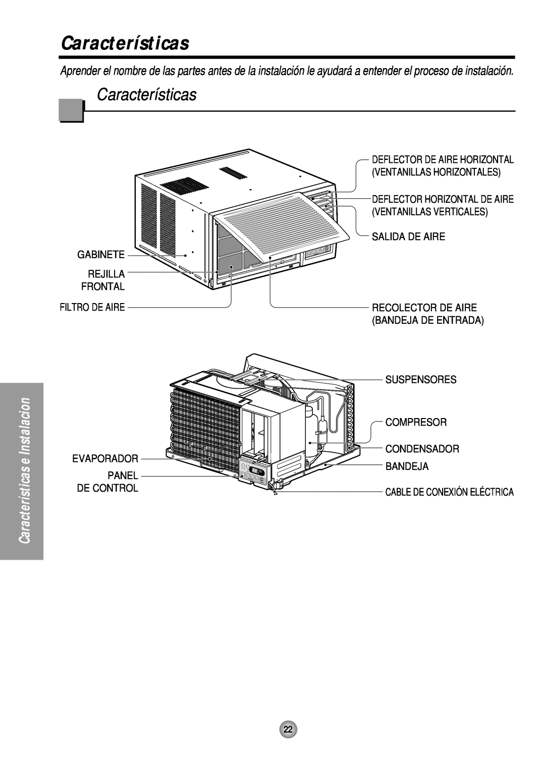 Panasonic CW-XC183HU manual Características e Instalacion, Deflector Horizontal De Aire, Cable De Conexió N Elé Ctrica 
