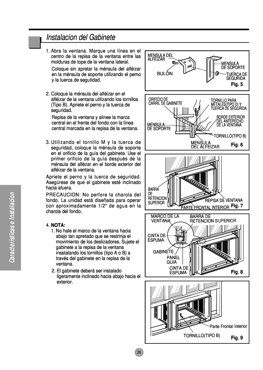 Panasonic CW-XC183HU, CW-XC243HU manual Instalacion del Gabinete, Nota, e Instalacion, Características 