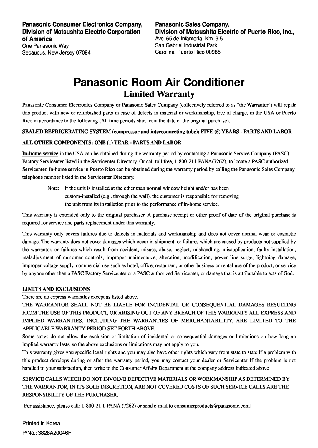 Panasonic CW-XC183HU manual Panasonic Consumer Electronics Company, Panasonic Sales Company, of America, Limited Warranty 