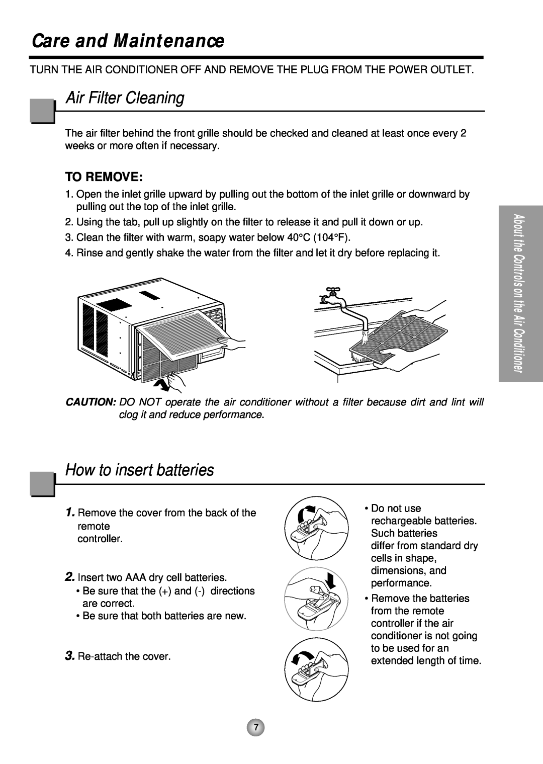 Panasonic CW-XC243HU, CW-XC183HU manual Care and Maintenance, Air Filter Cleaning, How to insert batteries, To Remove 