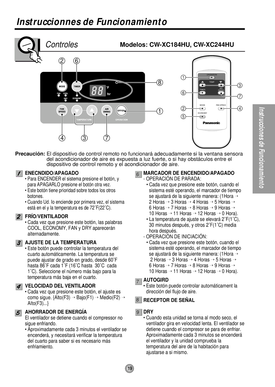 Panasonic CW-XC244HU, CW-XC184HU manual Instruccionnes de Funcionamiento, Controles 