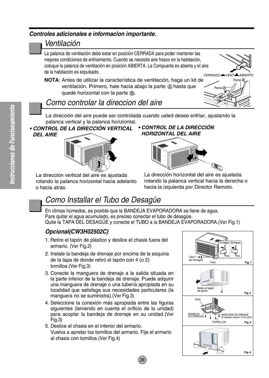 Panasonic CW-XC184HU manual Ventilación, Como Installar el Tubo de Desagüe, Controles adicionales e informacion importante 