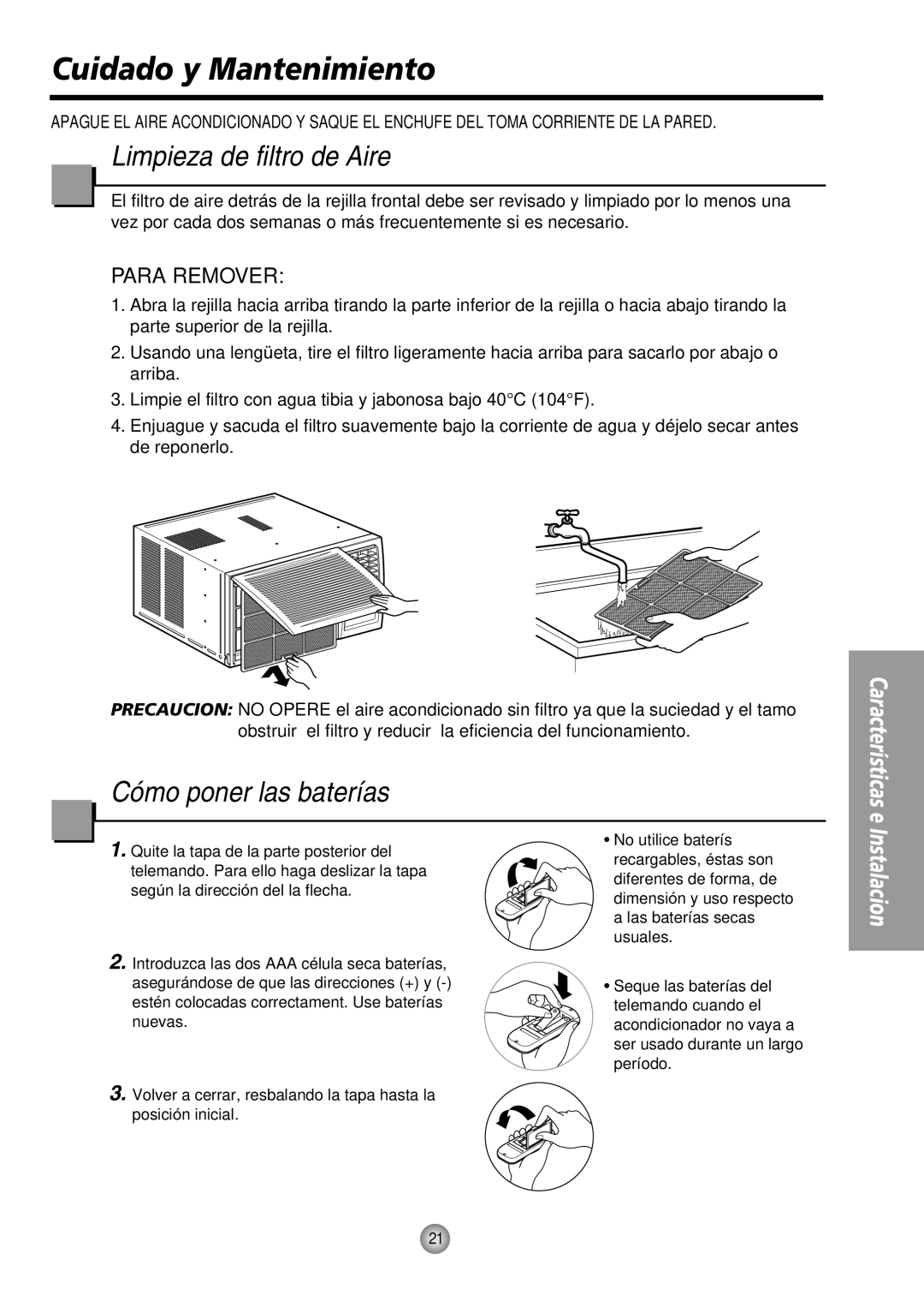 Panasonic CW-XC244HU, CW-XC184HU manual Cuidado y Mantenimiento, Limpieza de filtro de Aire, Cómo poner las baterías 