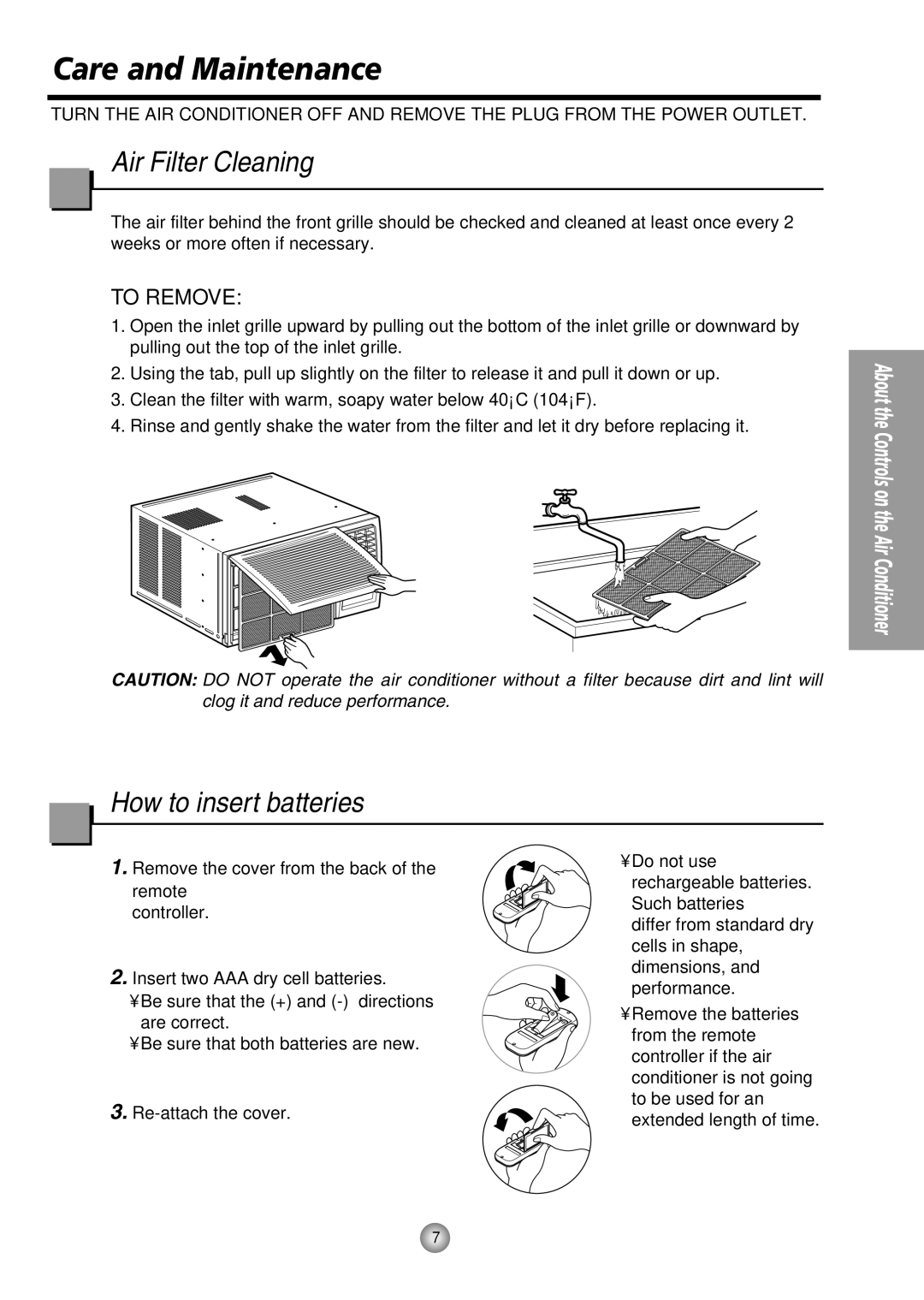 Panasonic CW-XC244HU, CW-XC184HU manual Care and Maintenance, Air Filter Cleaning, How to insert batteries 