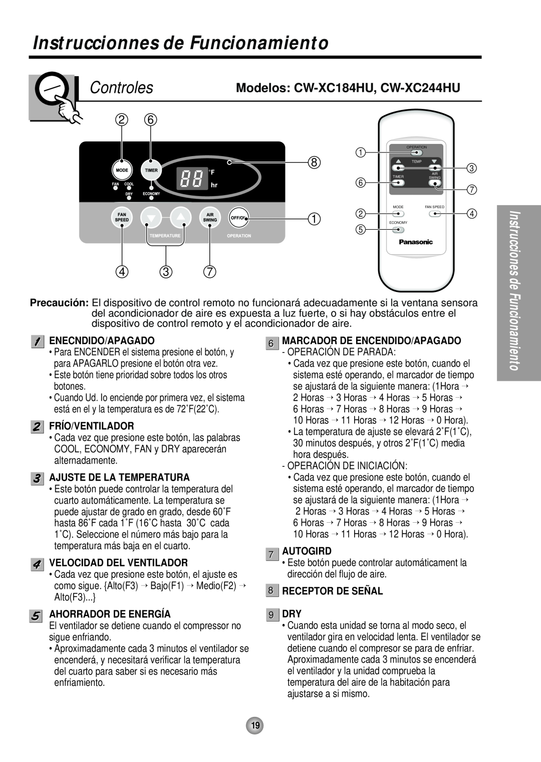 Panasonic Instruccionnes de Funcionamiento, Controles, Modelos CW-XC184HU, CW-XC244HU, Enecndido/Apagado, 7AUTOGIRD 