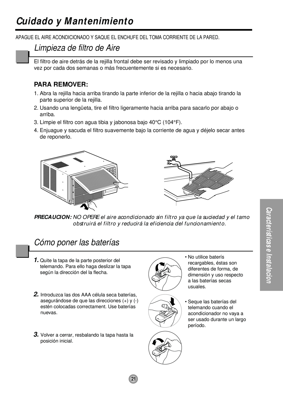 Panasonic CW-XC244HU manual Cuidado y Mantenimiento, Limpieza de filtro de Aire, Cómo poner las baterías, Para Remover 