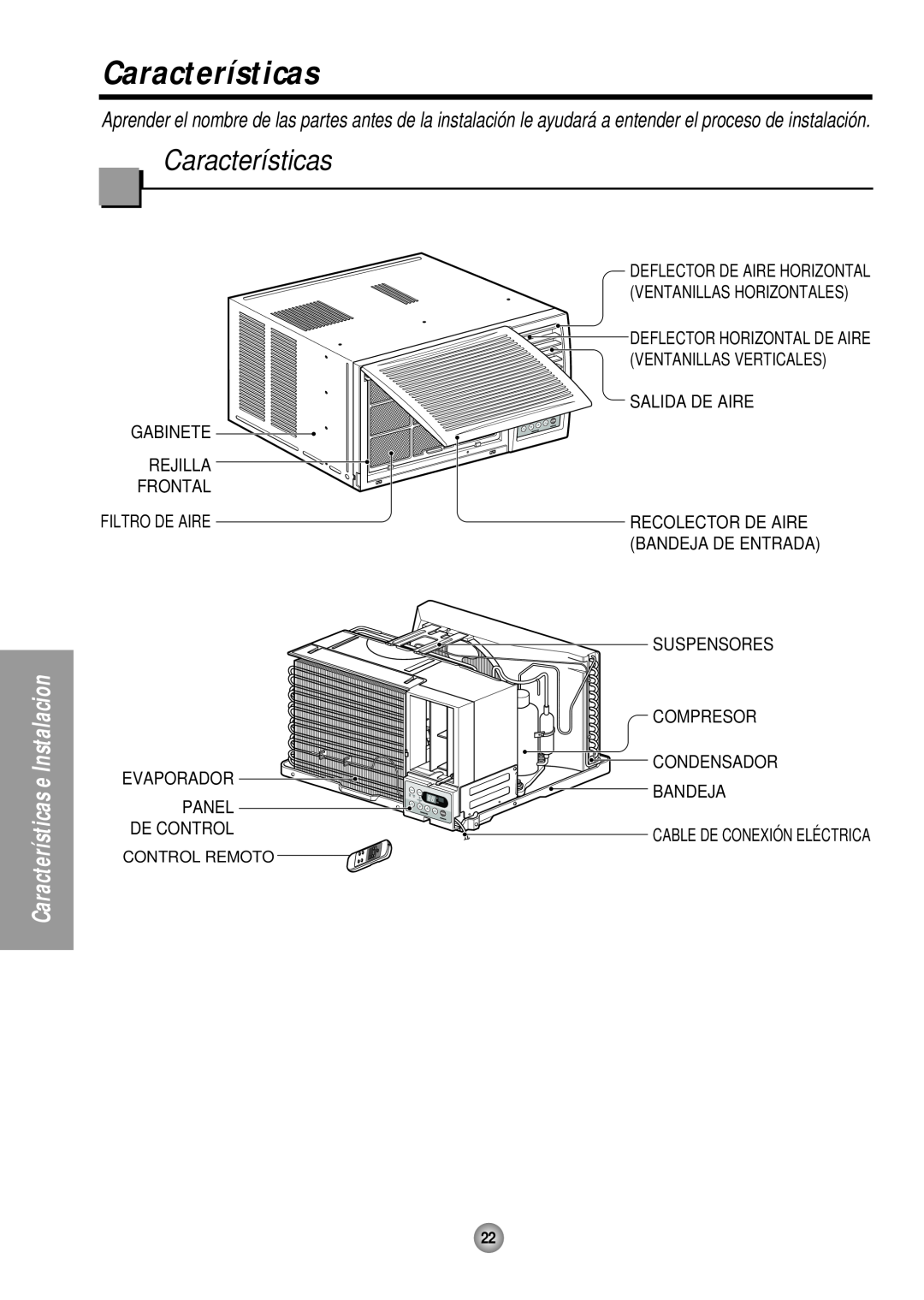Panasonic CW-XC184HU, CW-XC244HU manual Características e Instalacion, Deflector Horizontal De Aire, Condensador 