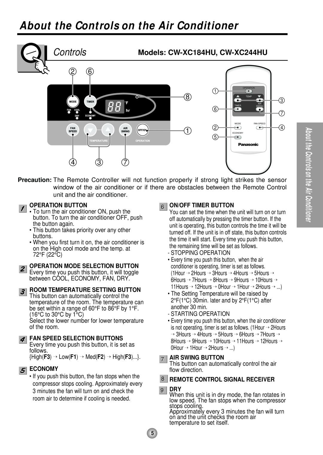 Panasonic manual About the Controls on the Air Conditioner, Models CW-XC184HU, CW-XC244HU, Operation Button, Economy 