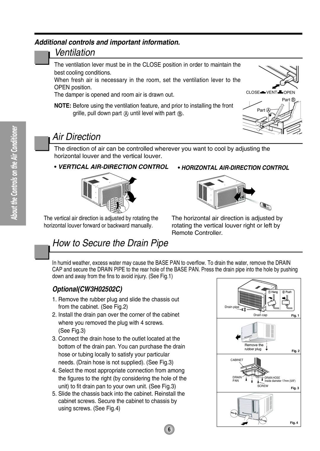 Panasonic CW-XC184HU, CW-XC244HU manual Ventilation, Air Direction, How to Secure the Drain Pipe, OptionalCW3H02502C 