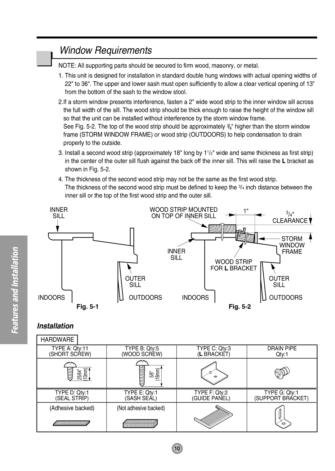 Panasonic CW-XC54HU, CW-XC54HK manual Window Requirements, Outer Sill Indoors Outdoors, Hardware, Type C Qty3, Type F Qty2 