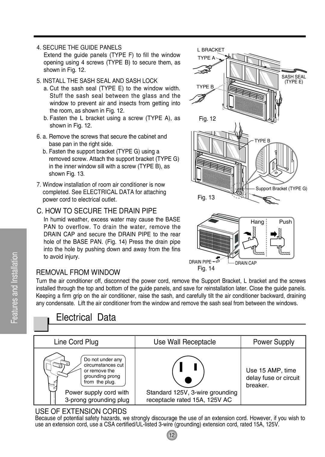 Panasonic CW-XC54HU, CW-XC54HK Electrical Data, HOW to Secure the Drain Pipe, Removal from Window, USE of Extension Cords 