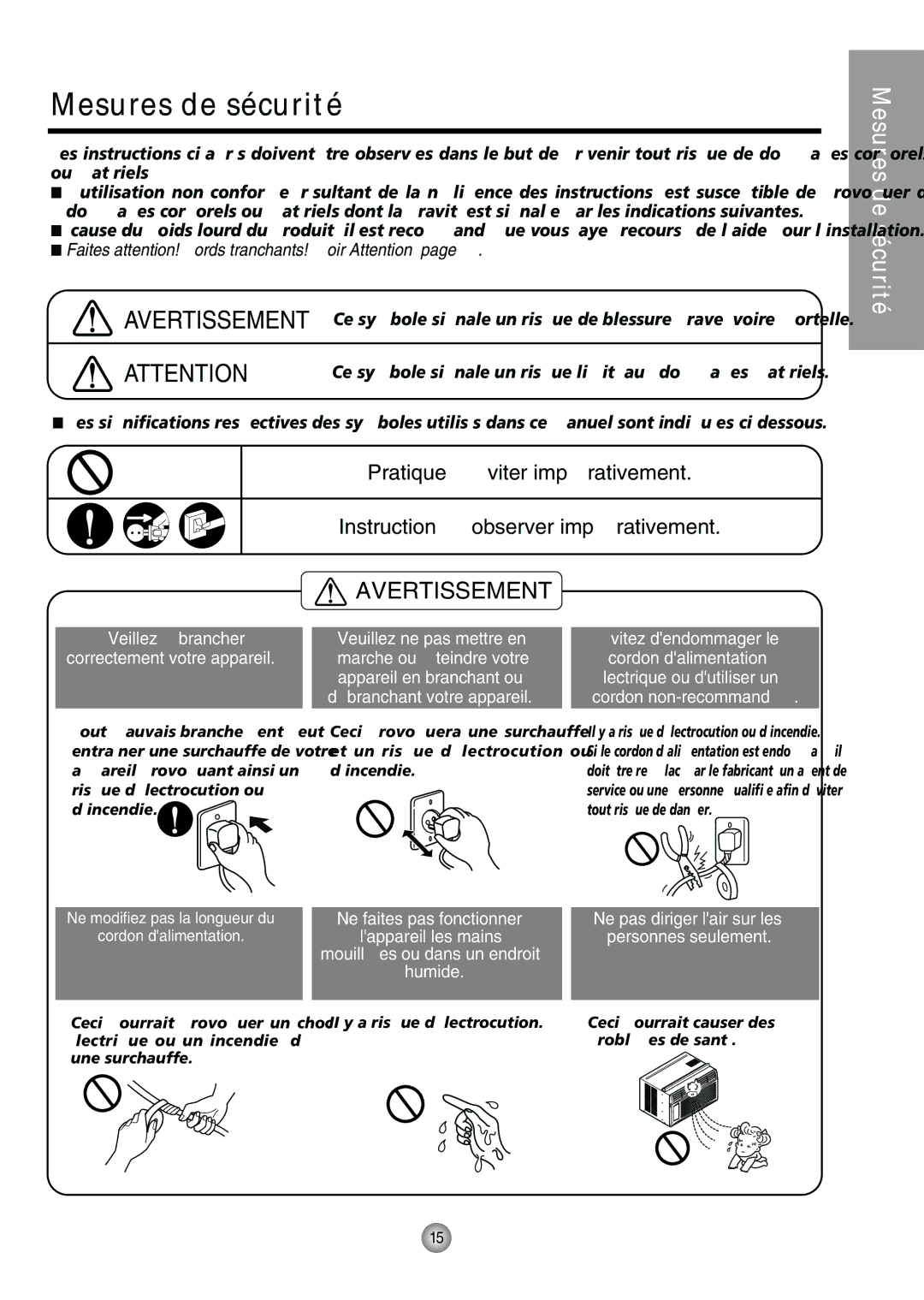 Panasonic CW-XC54HK, CW-XC54HU Mesures de sécurité, Tout mauvais branchement peut, Appareil provoquant ainsi un Dincendie 