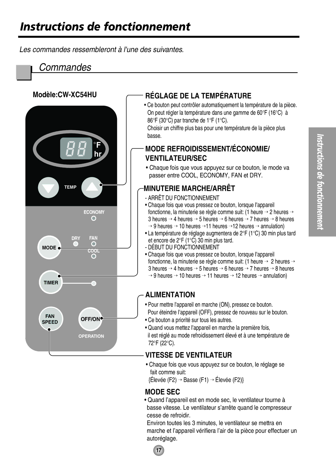 Panasonic CW-XC54HK, CW-XC54HU manual Instructions de fonctionnement, Commandes 