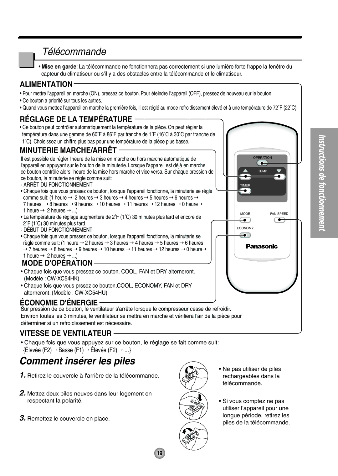 Panasonic CW-XC54HK, CW-XC54HU manual Télécommande, Réglage DE LA Température, Mode Dopération, Économie Dénergie 