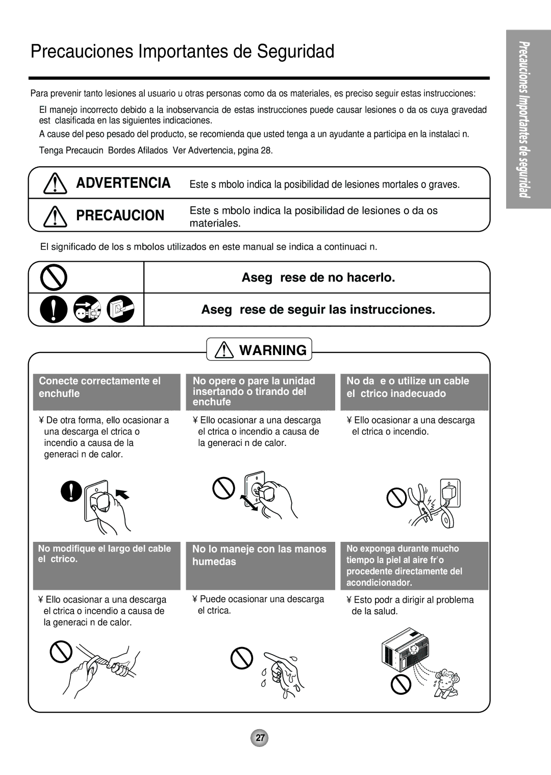 Panasonic CW-XC54HK, CW-XC54HU manual Puede ocasionar una descarga eléctrica, Esto podría dirigir al problema de la salud 