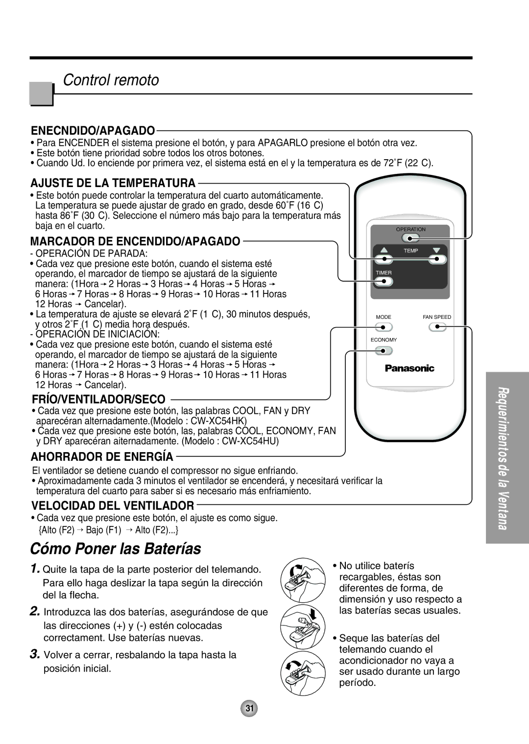 Panasonic CW-XC54HK, CW-XC54HU manual Control remoto, Ajuste DE LA Temperatura, Frío/Ventilador/Seco, Ahorrador DE Energía 