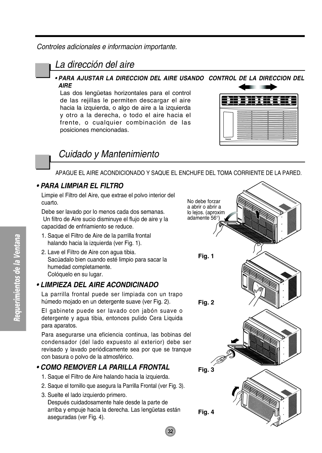 Panasonic CW-XC54HU La dirección del aire, Cuidado y Mantenimiento, Para Limpiar EL Filtro, Limpieza DEL Aire Acondicinado 