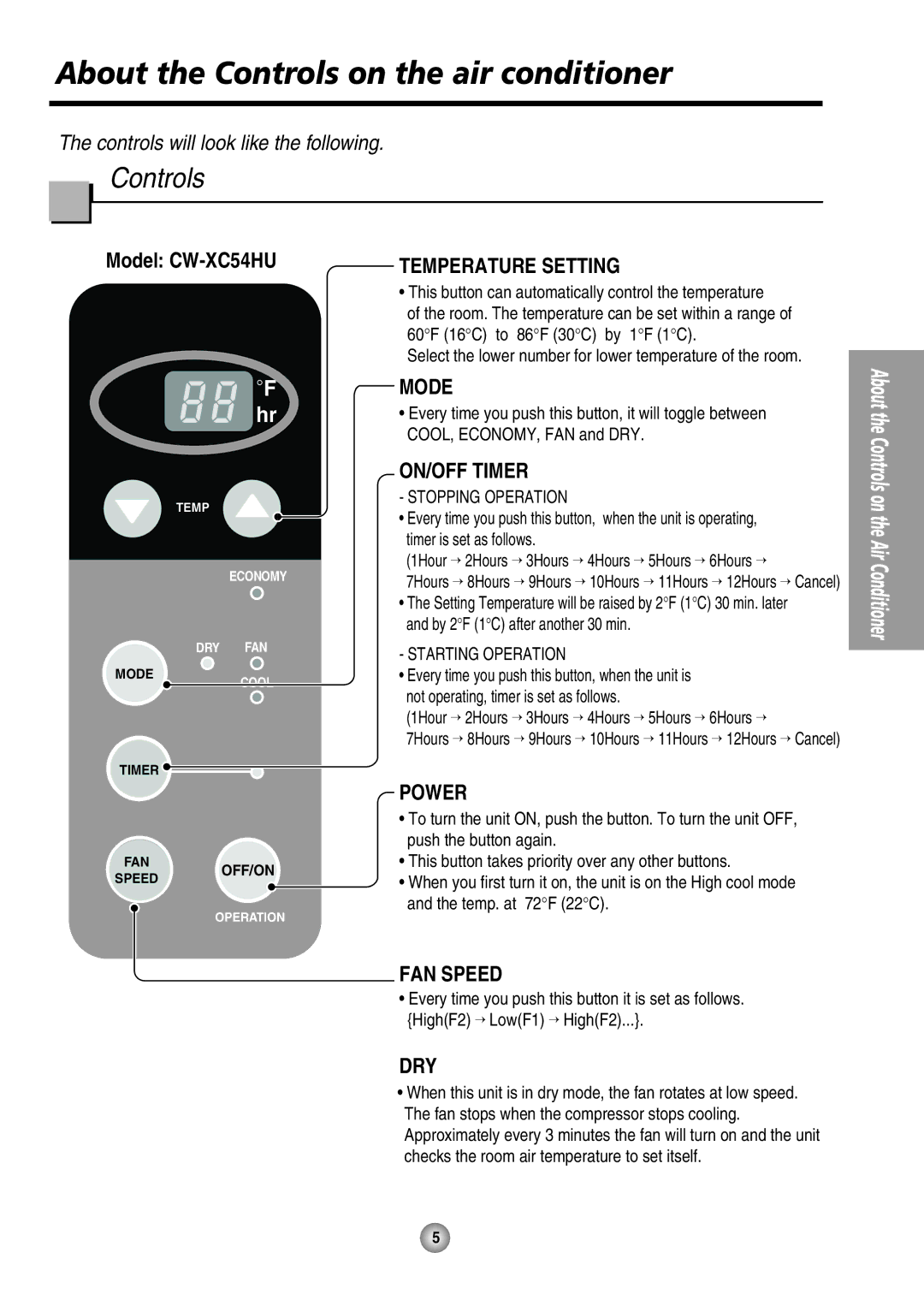 Panasonic CW-XC54HK, CW-XC54HU manual About the Controls on the air conditioner 