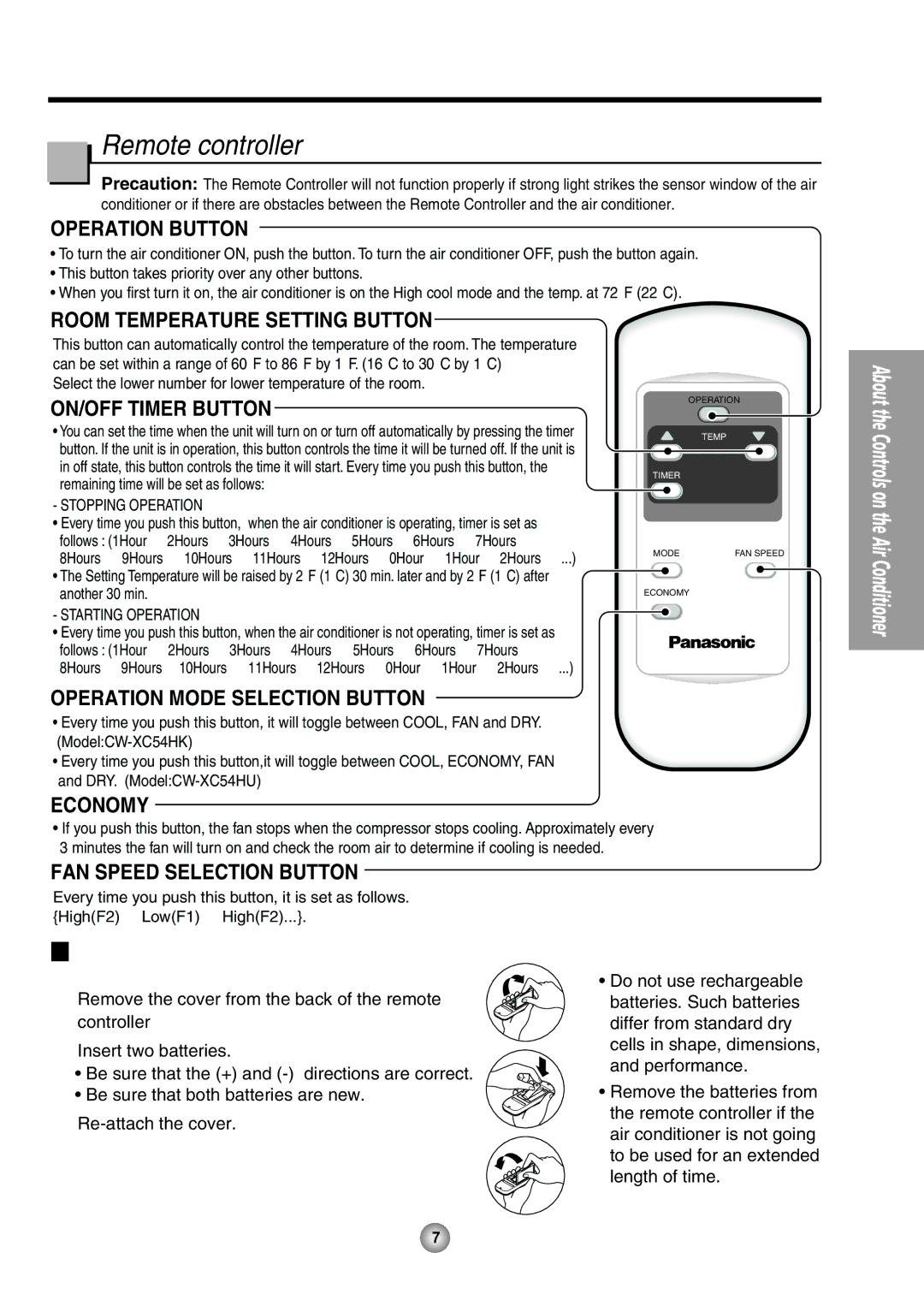 Panasonic CW-XC54HK, CW-XC54HU manual Remote controller 